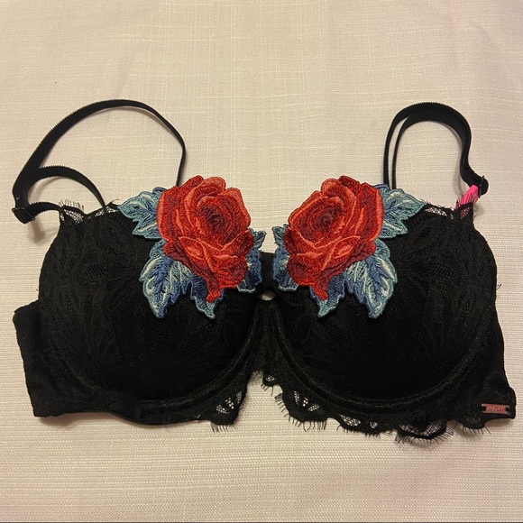 Victoria Secret PINK black bra with embroidered roses push up bra - Picture 1 of 5